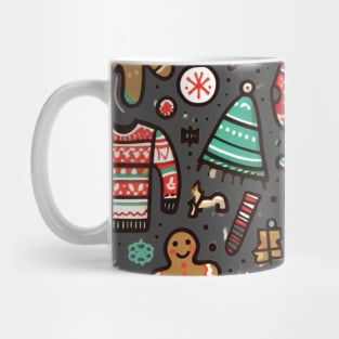 a fun and quirky collage of various holiday-themed elements to create the ultimate "Ugly Christmas Sweater" pattern. Think reindeer, snowflakes, gingerbread men, and more. Mug